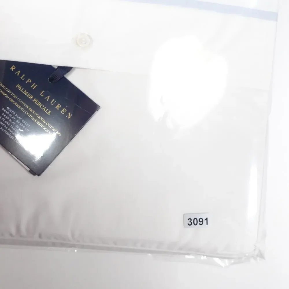 New Ralph Lauren Organic Cotton Percale Palmer Queen Flat Sheet White/Sky Blue